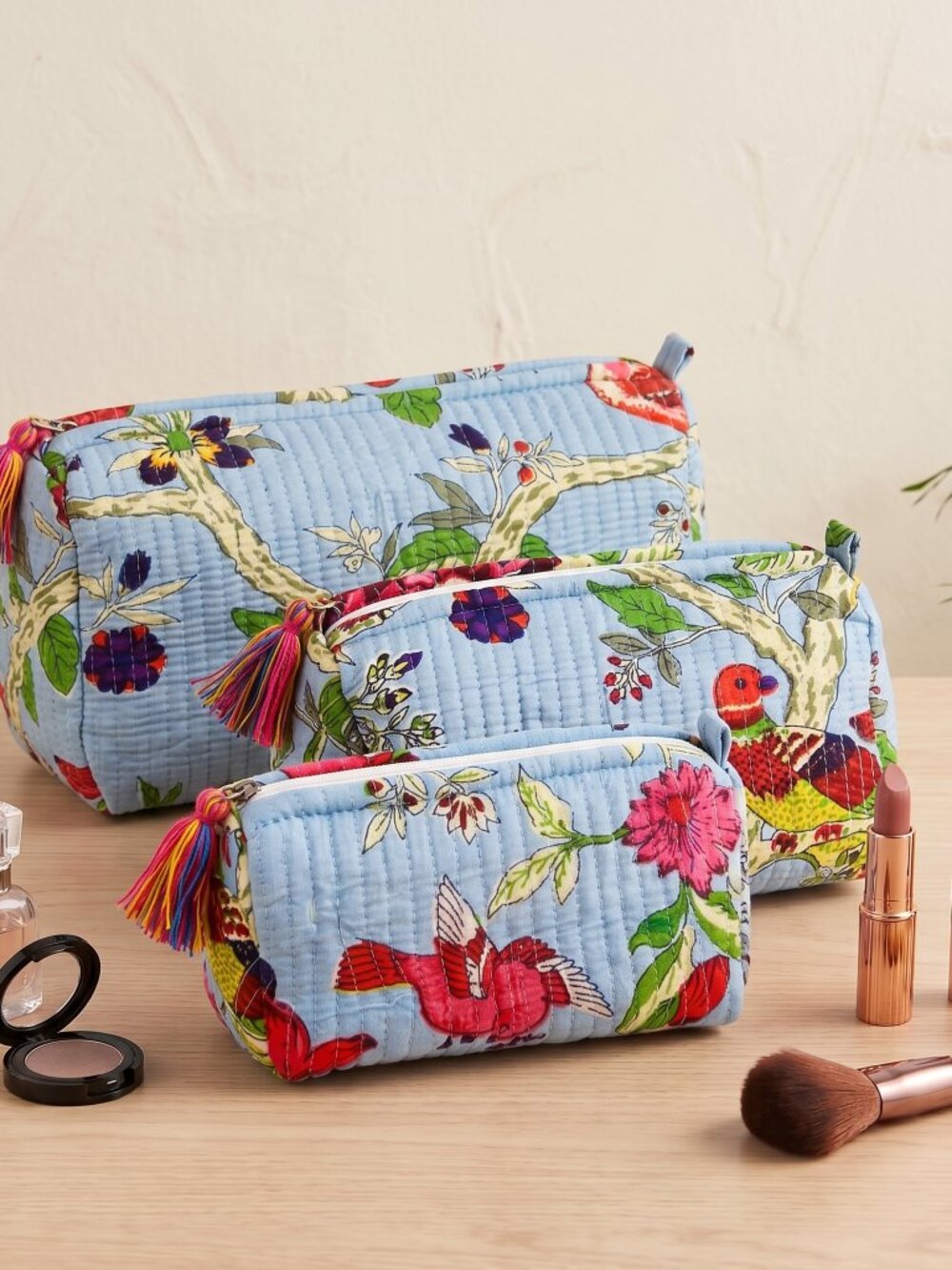 Set Of 3 Block Print Toiletry Bags, Cotton Makeup Bag, Cosmetic Bag Set Gift